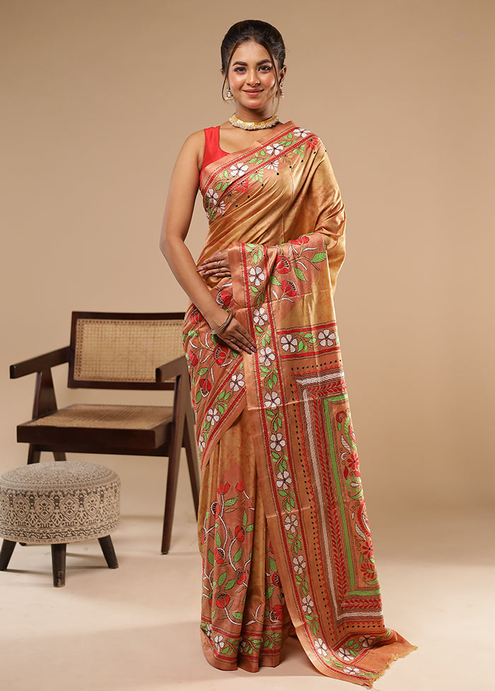 Cream Kantha Stitch Silk Saree With Blouse Piece