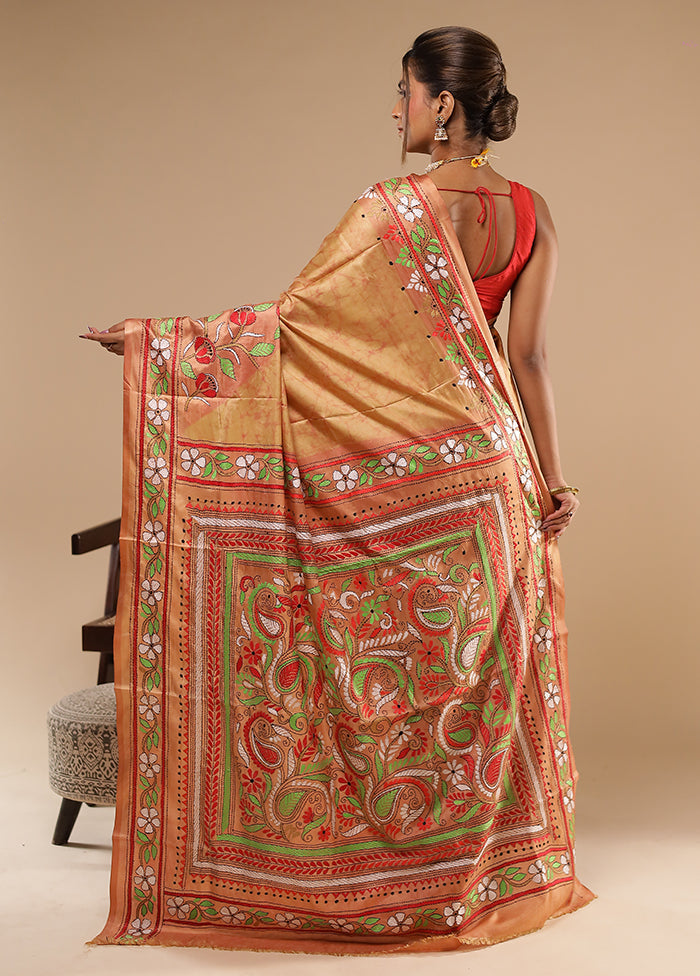 Cream Kantha Stitch Silk Saree With Blouse Piece