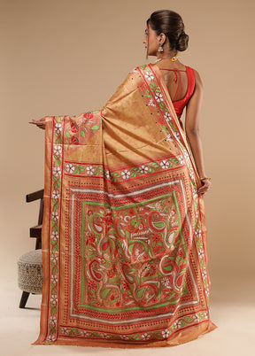 Cream Kantha Stitch Silk Saree With Blouse Piece