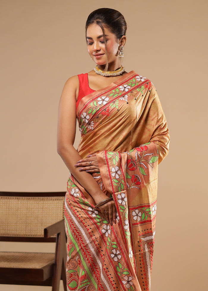 Cream Kantha Stitch Silk Saree With Blouse Piece