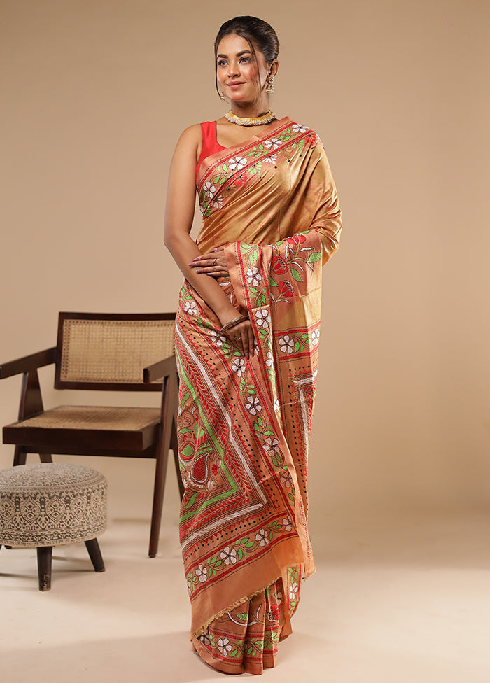 Cream Kantha Stitch Silk Saree With Blouse Piece