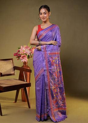 Purple Kantha Stitch Silk Saree With Blouse Piece