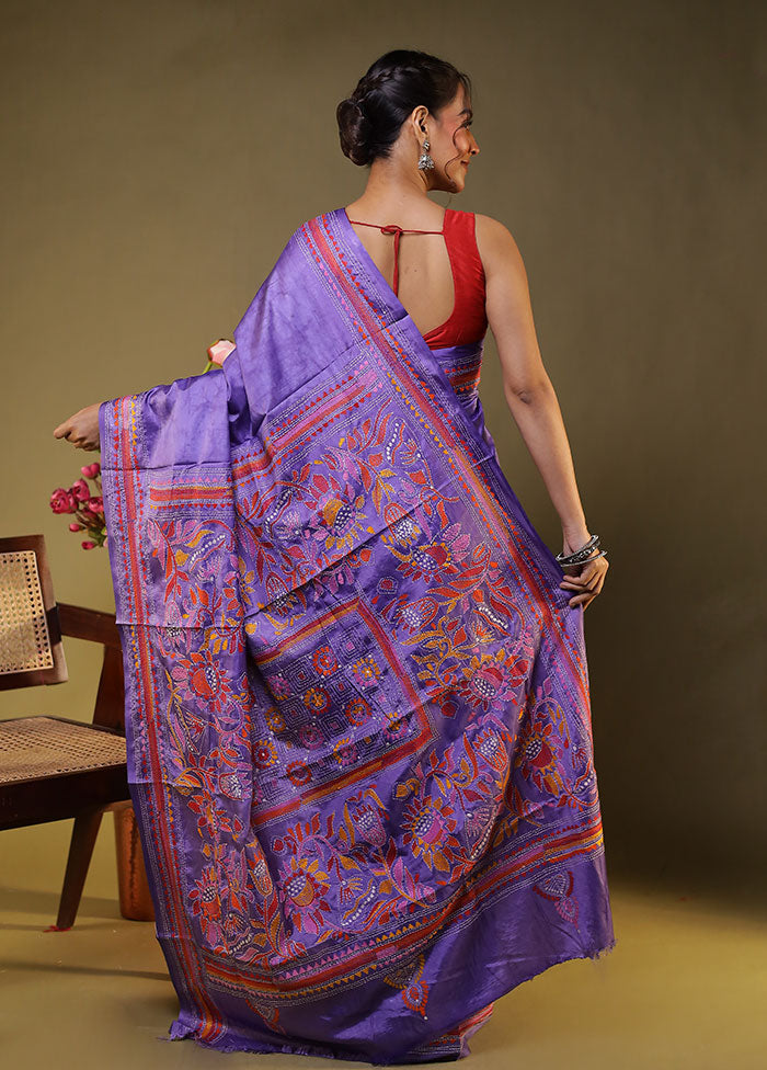 Purple Kantha Stitch Silk Saree With Blouse Piece
