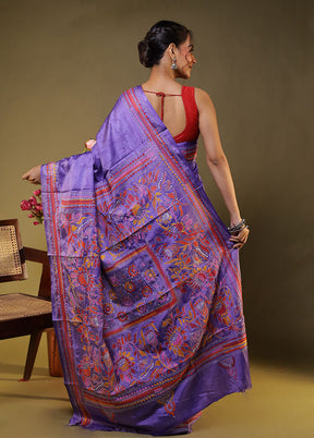 Purple Kantha Stitch Silk Saree With Blouse Piece