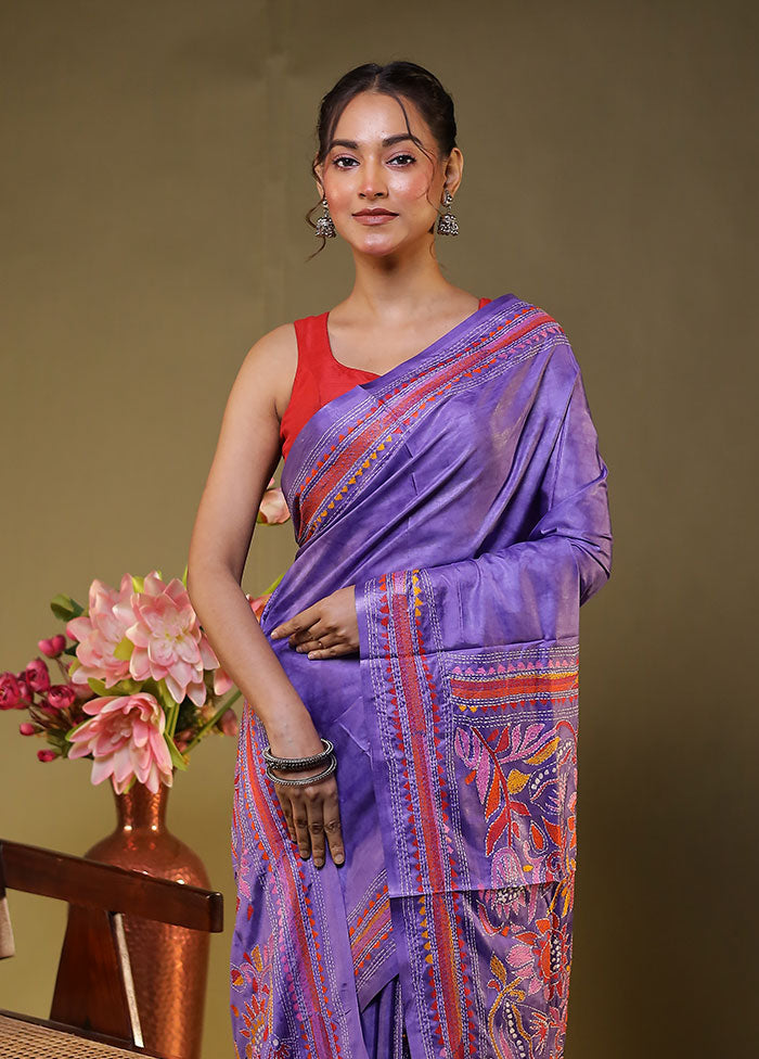 Purple Kantha Stitch Silk Saree With Blouse Piece