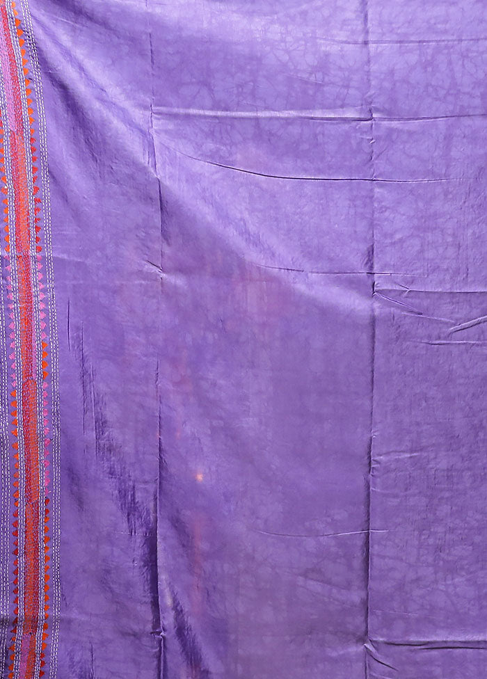 Purple Kantha Stitch Silk Saree With Blouse Piece