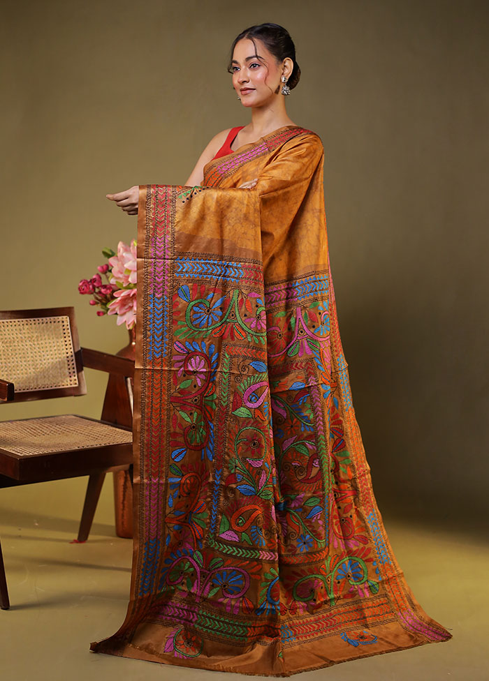 Cream Kantha Stitch Silk Saree With Blouse Piece