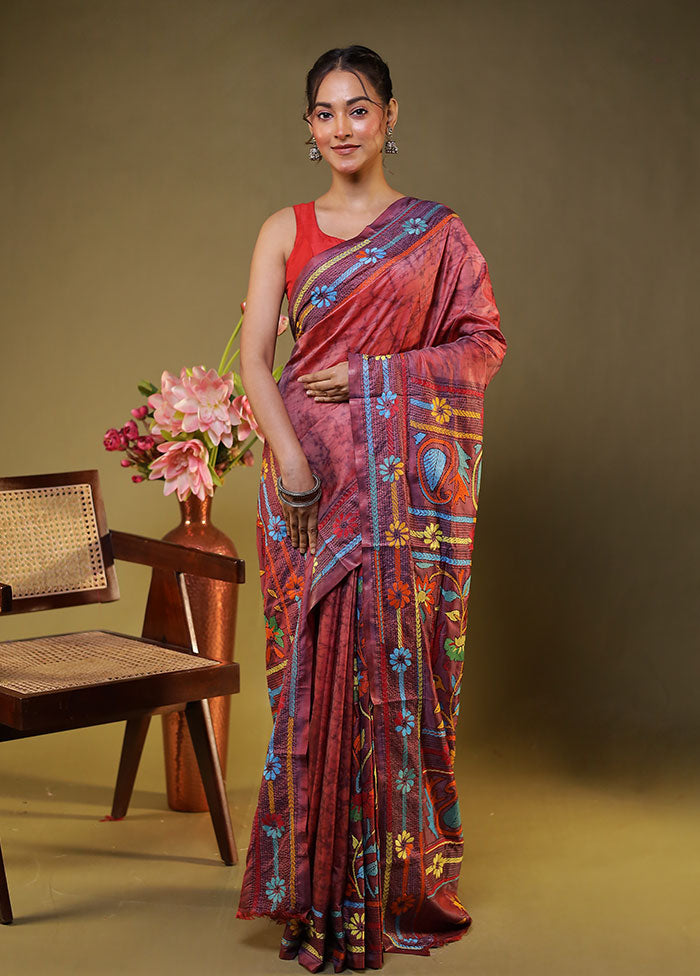 Purple Kantha Stitch Silk Saree With Blouse Piece