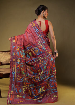Purple Kantha Stitch Silk Saree With Blouse Piece