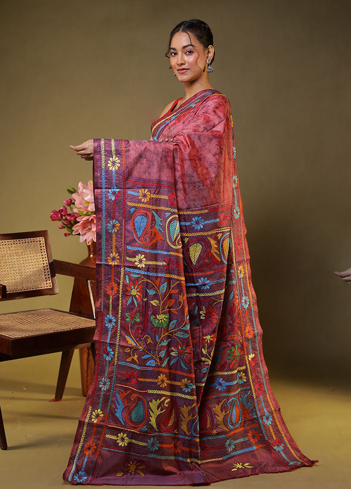 Purple Kantha Stitch Silk Saree With Blouse Piece