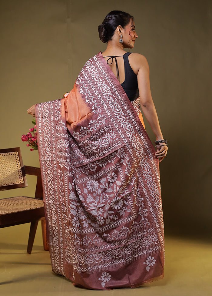 Purple Kantha Stitch Silk Saree With Blouse Piece