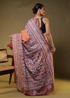 Purple Kantha Stitch Silk Saree With Blouse Piece