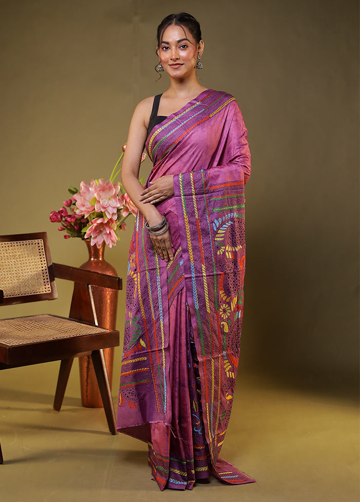 Purple Kantha Stitch Silk Saree With Blouse Piece