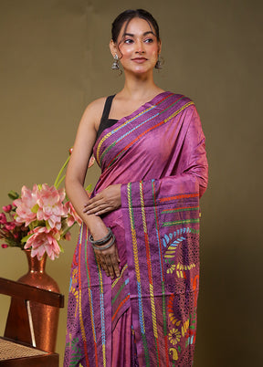 Purple Kantha Stitch Silk Saree With Blouse Piece