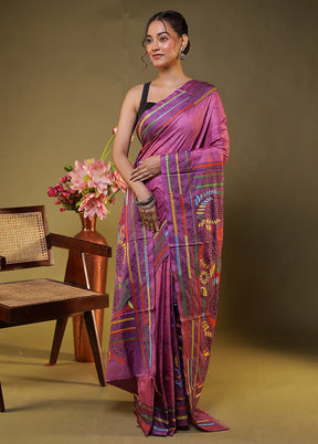 Purple Kantha Stitch Silk Saree With Blouse Piece