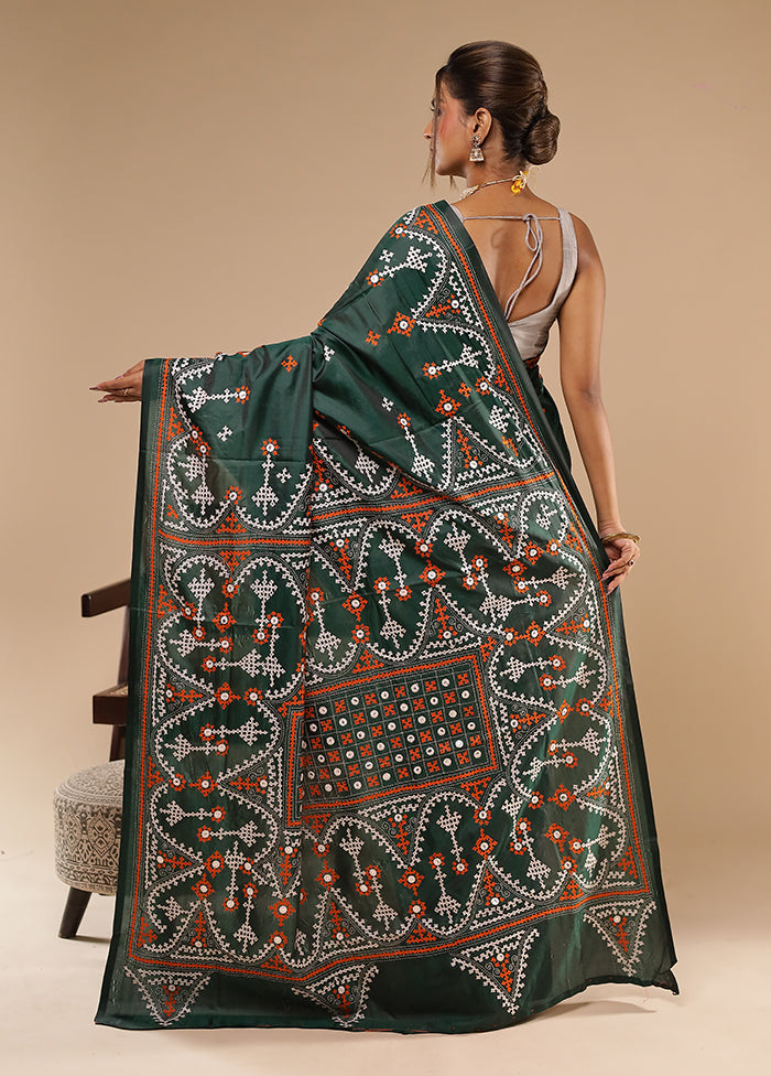 Green Kantha Stitch Silk Saree With Blouse Piece