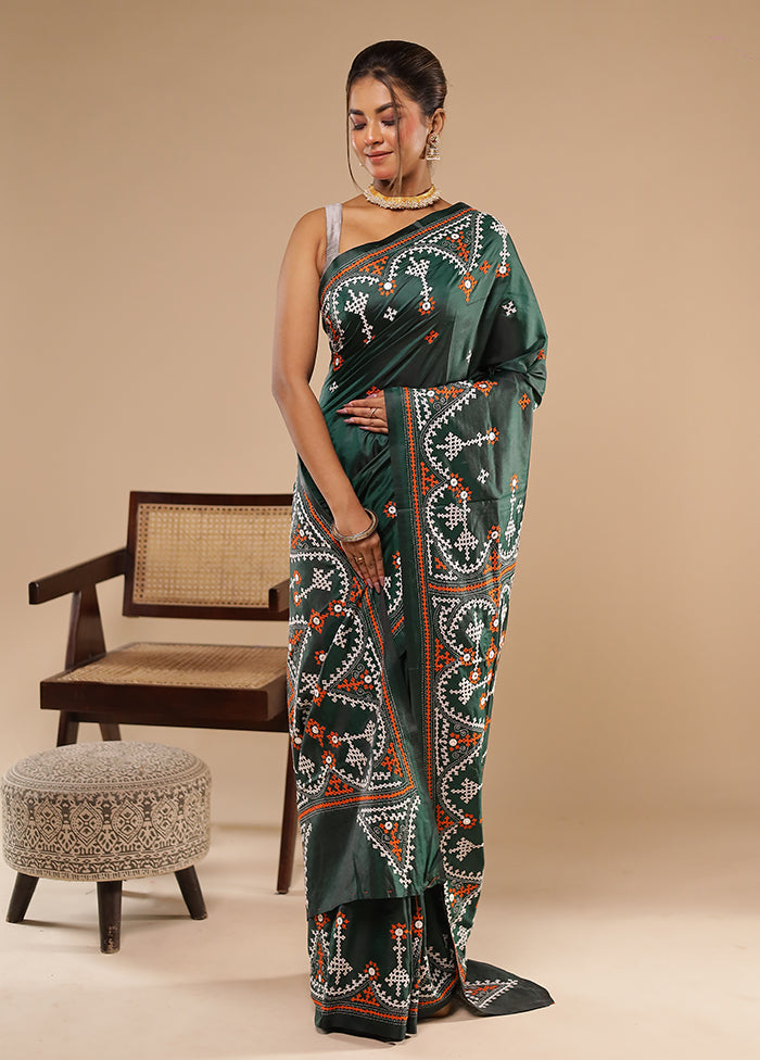Green Kantha Stitch Silk Saree With Blouse Piece