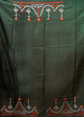 Green Kantha Stitch Silk Saree With Blouse Piece