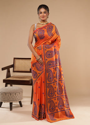 Yellow Kantha Stitch Silk Saree With Blouse Piece