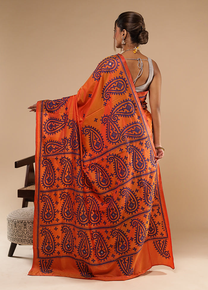 Yellow Kantha Stitch Silk Saree With Blouse Piece