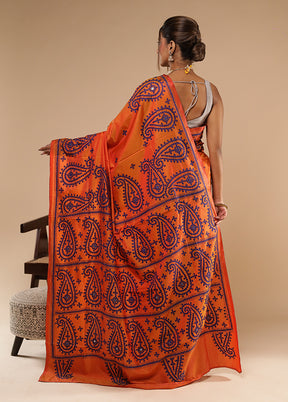 Yellow Kantha Stitch Silk Saree With Blouse Piece