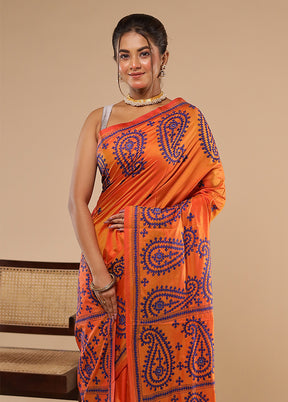 Yellow Kantha Stitch Silk Saree With Blouse Piece