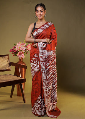 Maroon Kantha Stitch Silk Saree With Blouse Piece