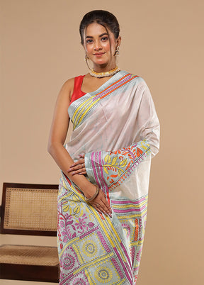 Blue Kantha Stitch Silk Saree With Blouse Piece