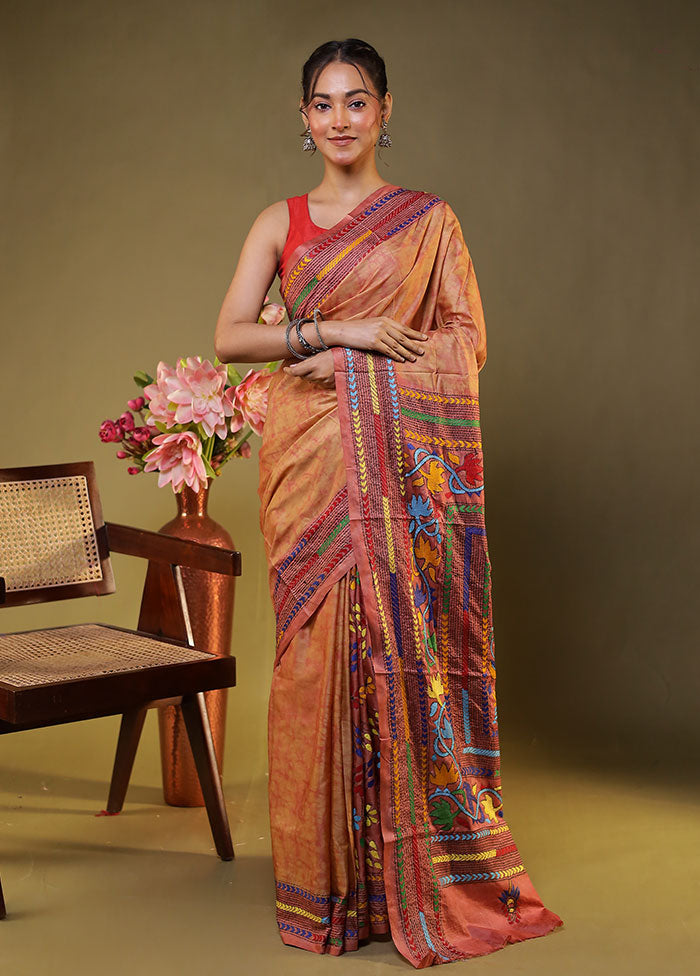 Pink Kantha Stitch Silk Saree With Blouse Piece