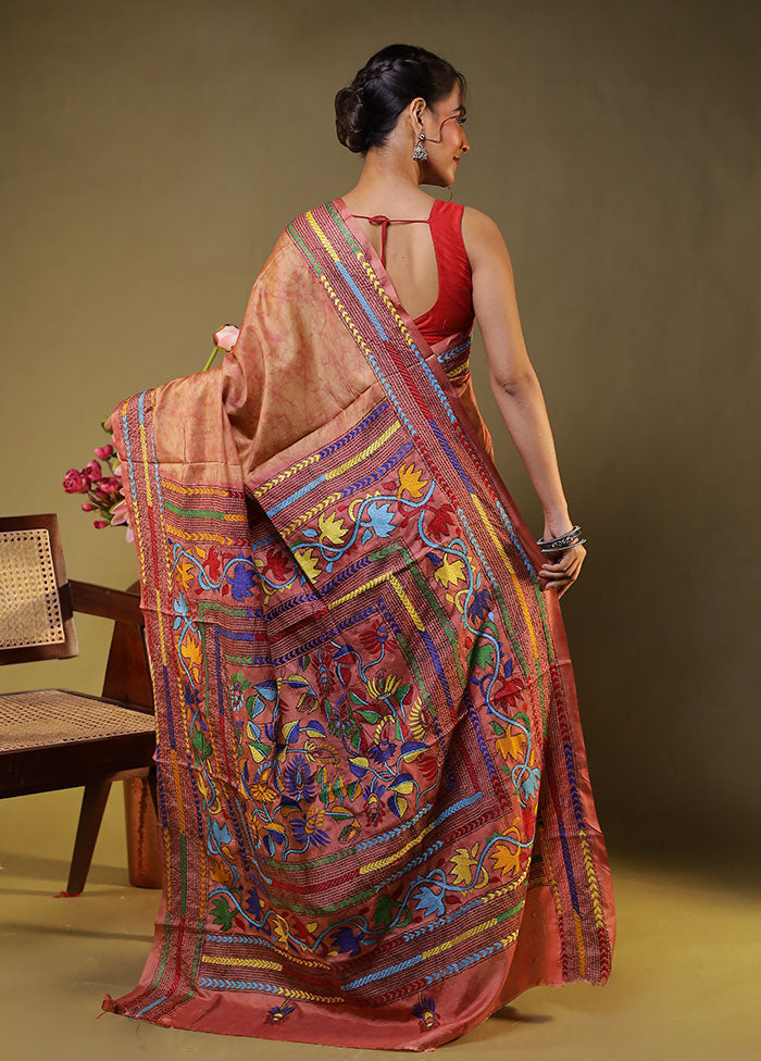 Pink Kantha Stitch Silk Saree With Blouse Piece