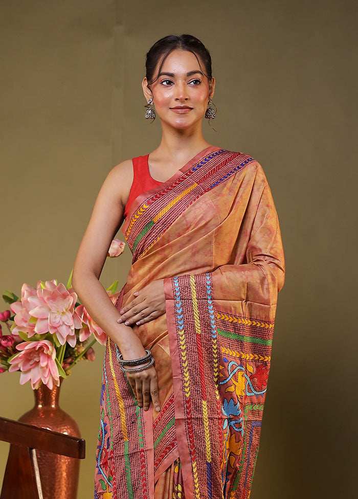 Pink Kantha Stitch Silk Saree With Blouse Piece
