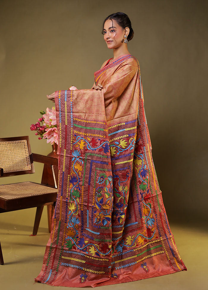 Pink Kantha Stitch Silk Saree With Blouse Piece