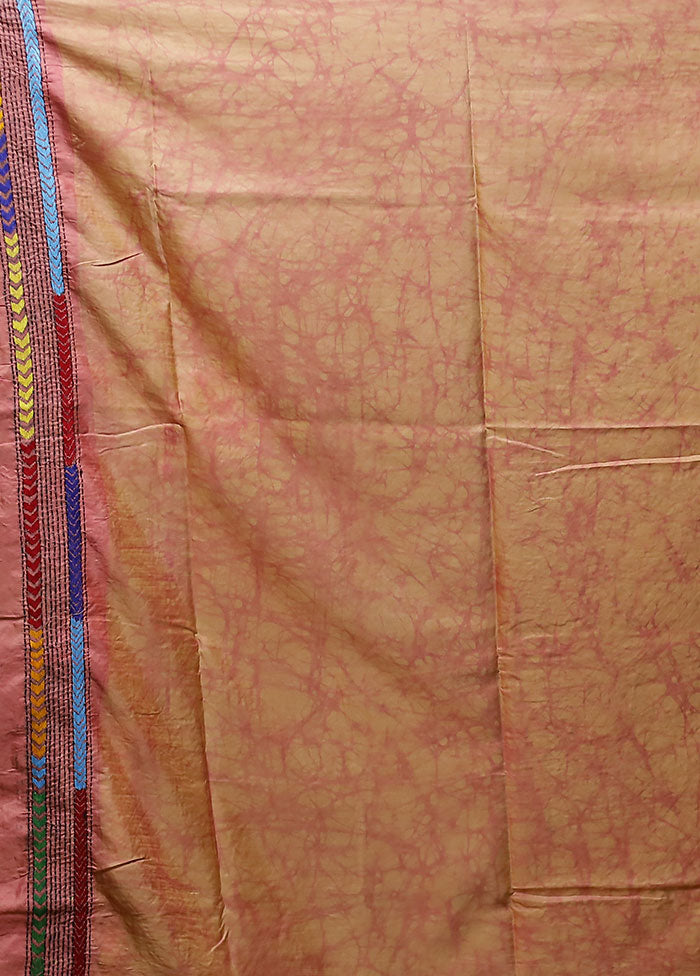 Pink Kantha Stitch Silk Saree With Blouse Piece