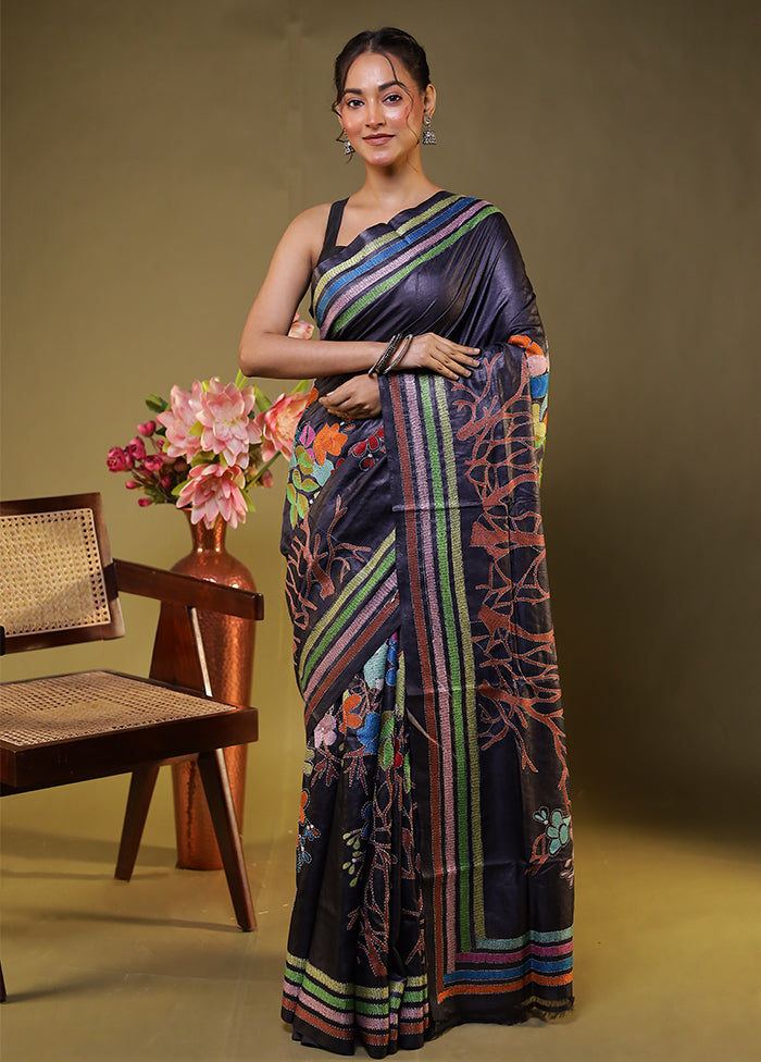 Black Handloom Kantha Stitch Pure Silk Saree With Blouse Piece