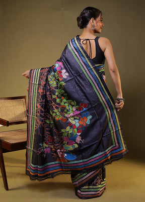Black Handloom Kantha Stitch Pure Silk Saree With Blouse Piece