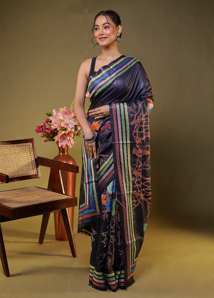 Black Handloom Kantha Stitch Pure Silk Saree With Blouse Piece