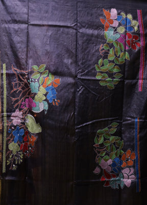 Black Handloom Kantha Stitch Pure Silk Saree With Blouse Piece