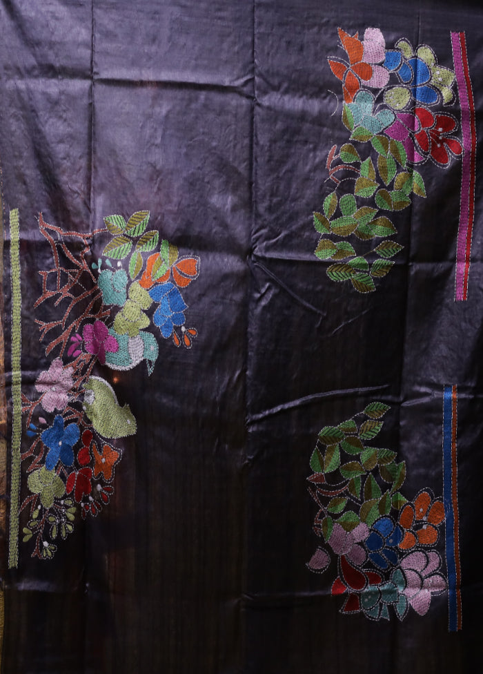 Black Handloom Kantha Stitch Pure Silk Saree With Blouse Piece