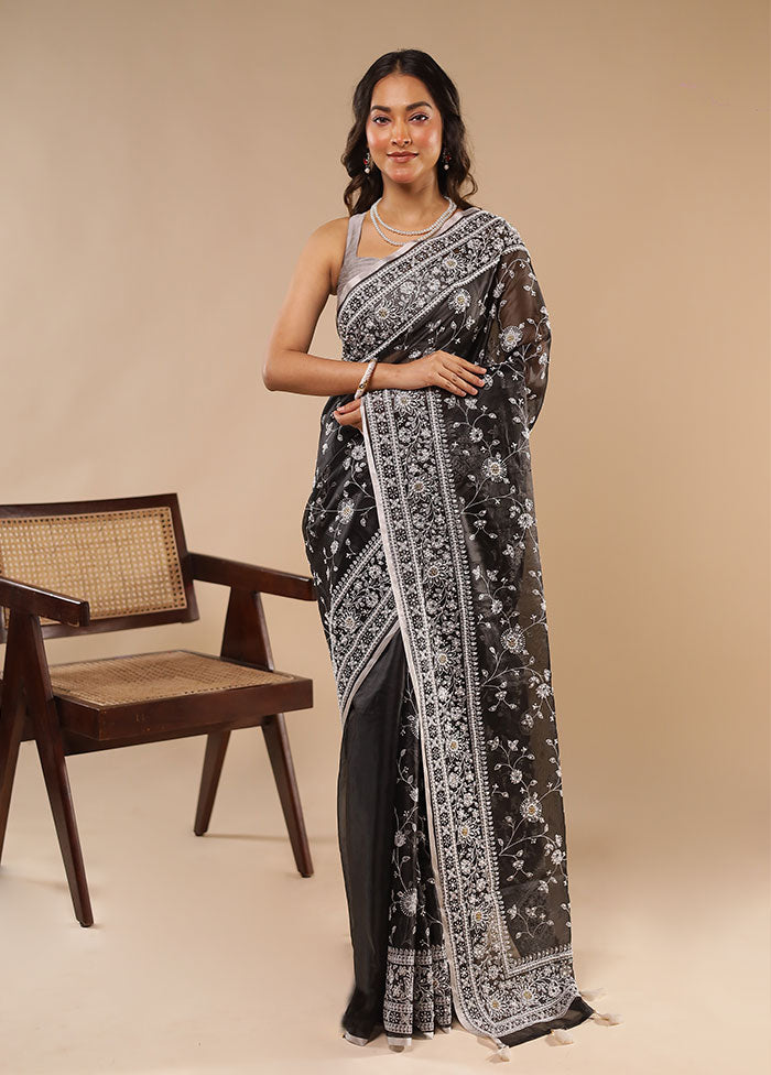 Black Handloom Pure Georgette Saree With Blouse Piece