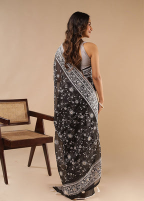 Black Handloom Pure Georgette Saree With Blouse Piece