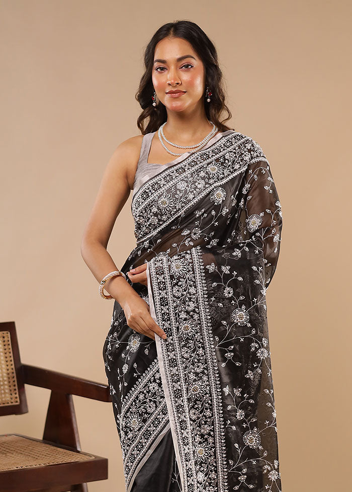 Black Handloom Pure Georgette Saree With Blouse Piece