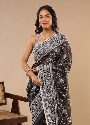 Black Handloom Pure Georgette Saree With Blouse Piece