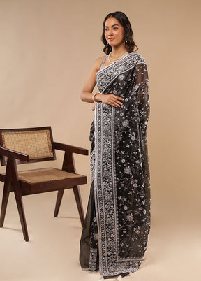 Black Handloom Pure Georgette Saree With Blouse Piece