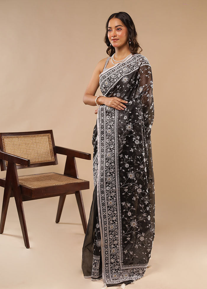 Black Handloom Pure Georgette Saree With Blouse Piece