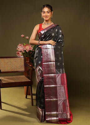 Black Handloom Kanjivaram Pure Silk Saree With Blouse Piece