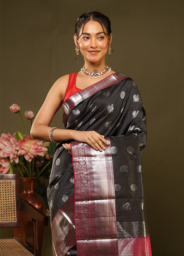 Black Handloom Kanjivaram Pure Silk Saree With Blouse Piece