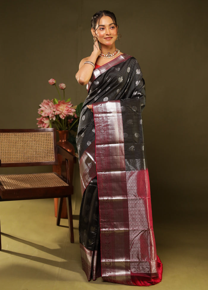 Black Handloom Kanjivaram Pure Silk Saree With Blouse Piece