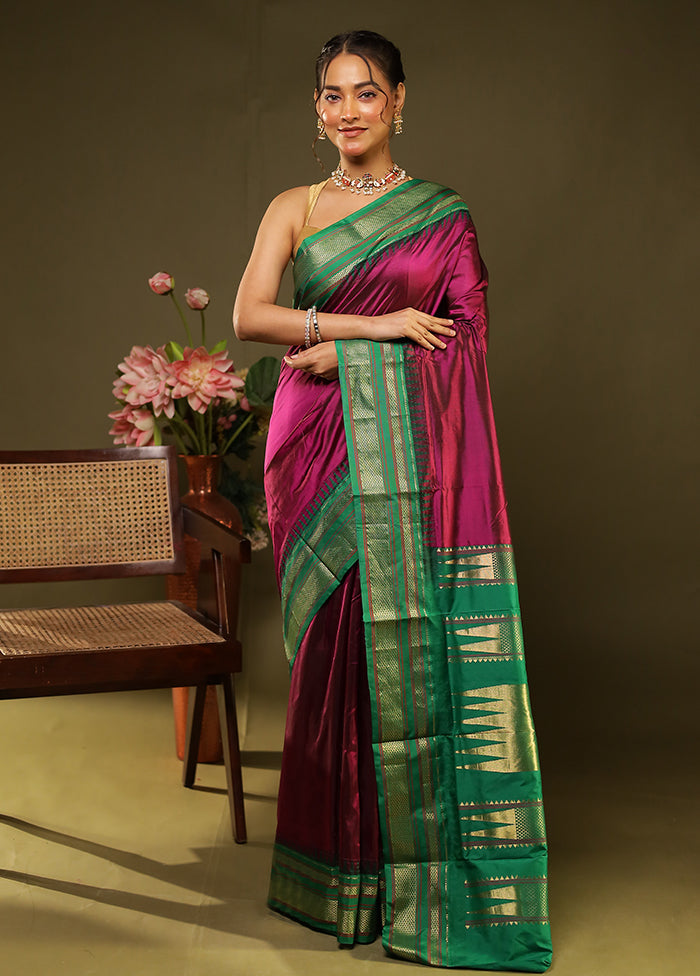 Purple Handloom Kanjivaram Pure Silk Saree With Blouse Piece
