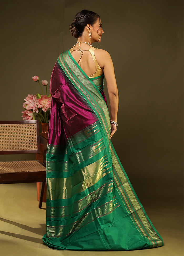 Purple Handloom Kanjivaram Pure Silk Saree With Blouse Piece
