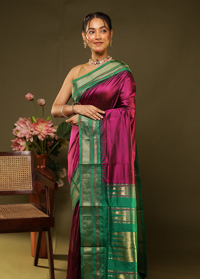 Purple Handloom Kanjivaram Pure Silk Saree With Blouse Piece